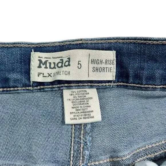 Mudd Jean Shorts 5 High Rise Shortie Floral Embroidered Frayed Raw Hem Stretch - Picture 4 of 13